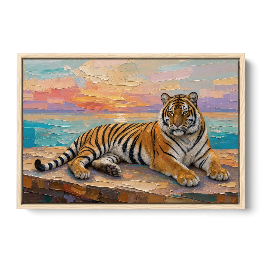 Tiger Art Print on the Sunset Ledge - Oak Framed Canvas Wall Art - Front