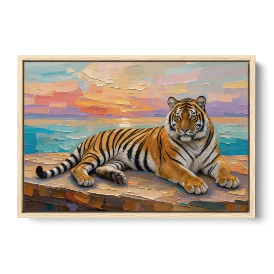 Tiger Art Print on the Sunset Ledge - Oak Framed Canvas Wall Art - Front