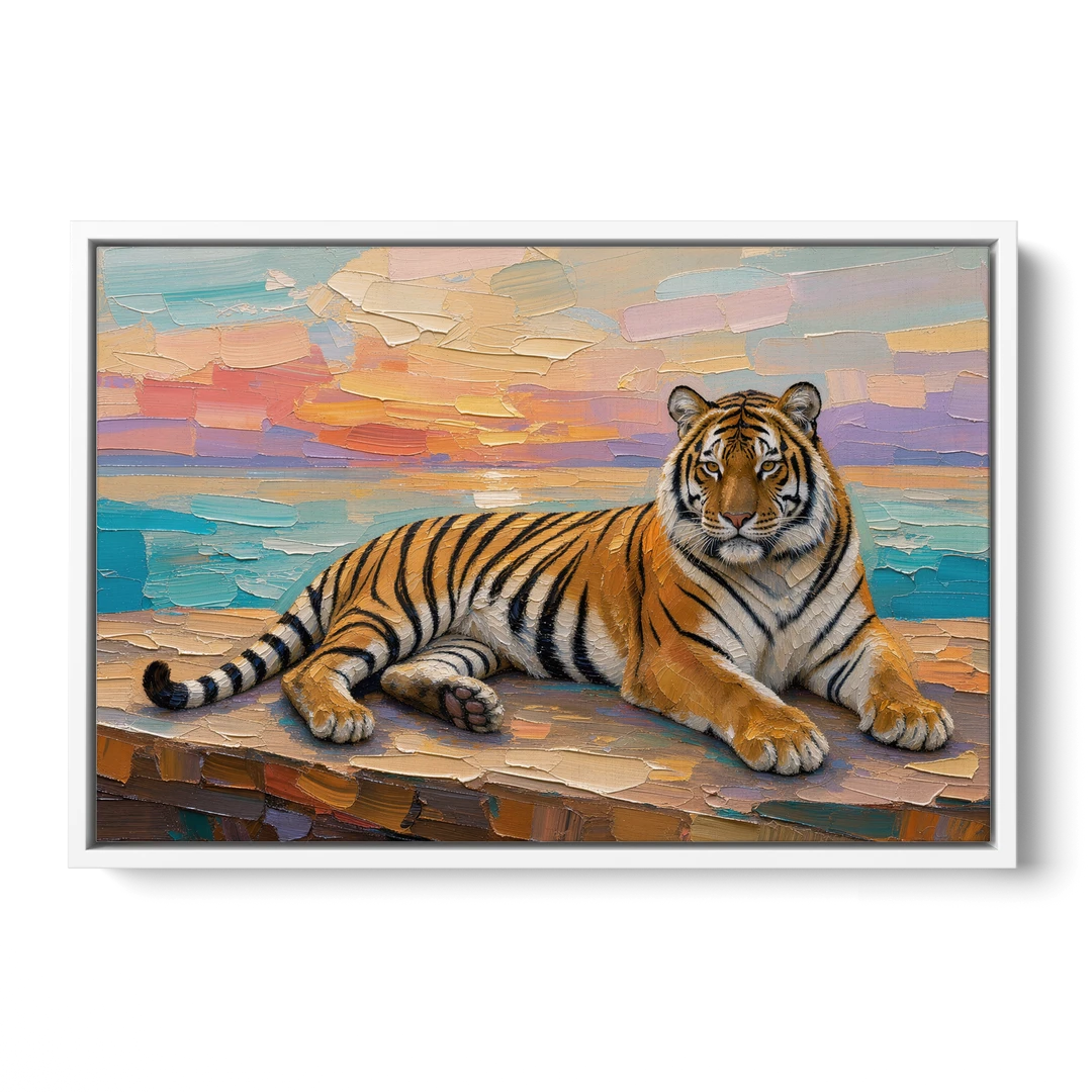Tiger Art Print on the Sunset Ledge - White Framed Canvas Wall Art - Front