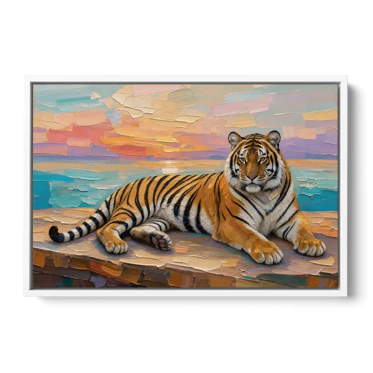 Tiger Art Print on the Sunset Ledge - White Framed Canvas Wall Art - Front