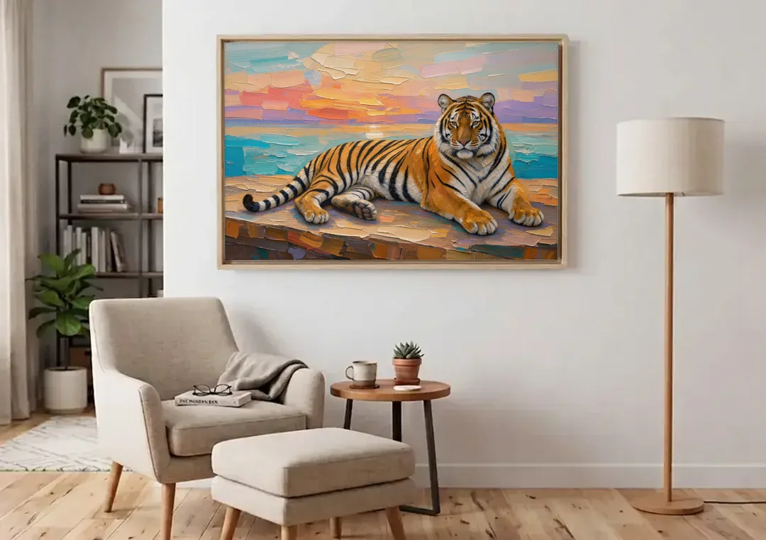 Tiger Art Print on the Sunset Ledge canvas wall art above an armchair in a bright living room
