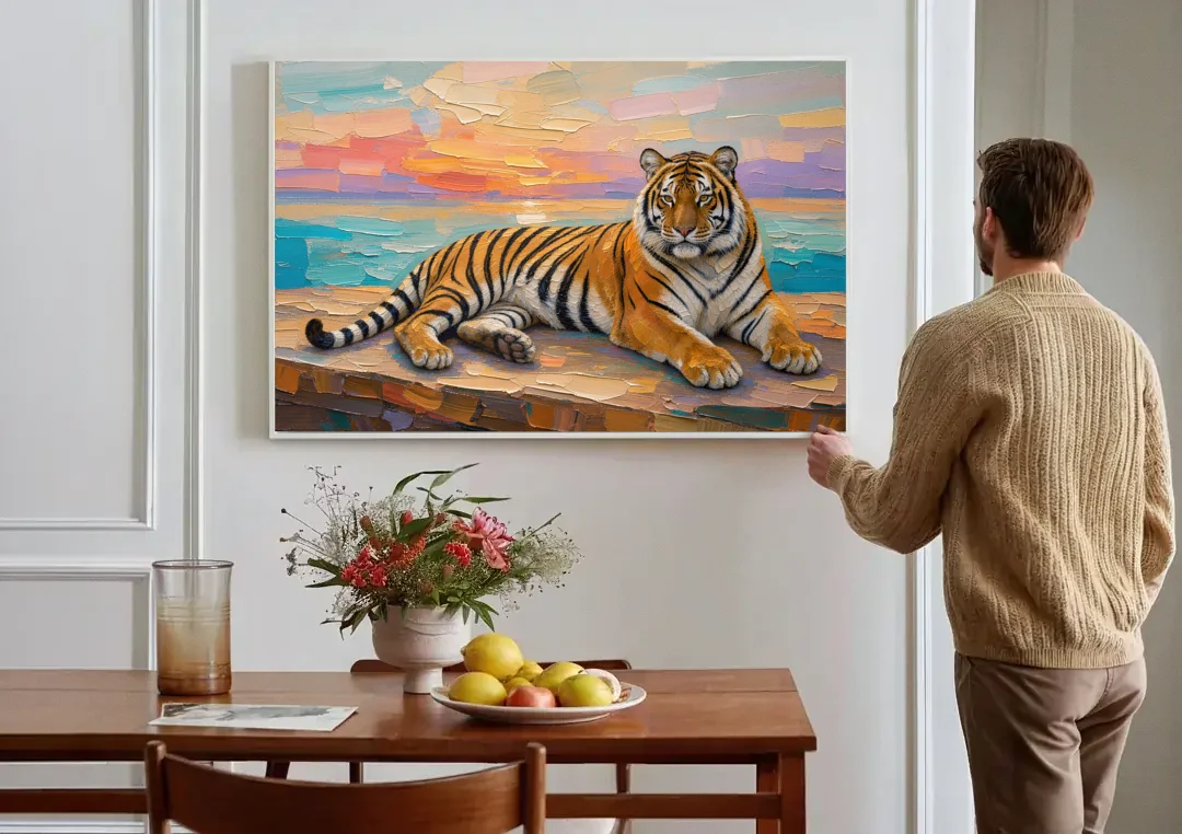 Tiger Art Print on the Sunset Ledge canvas wall art above a dining table