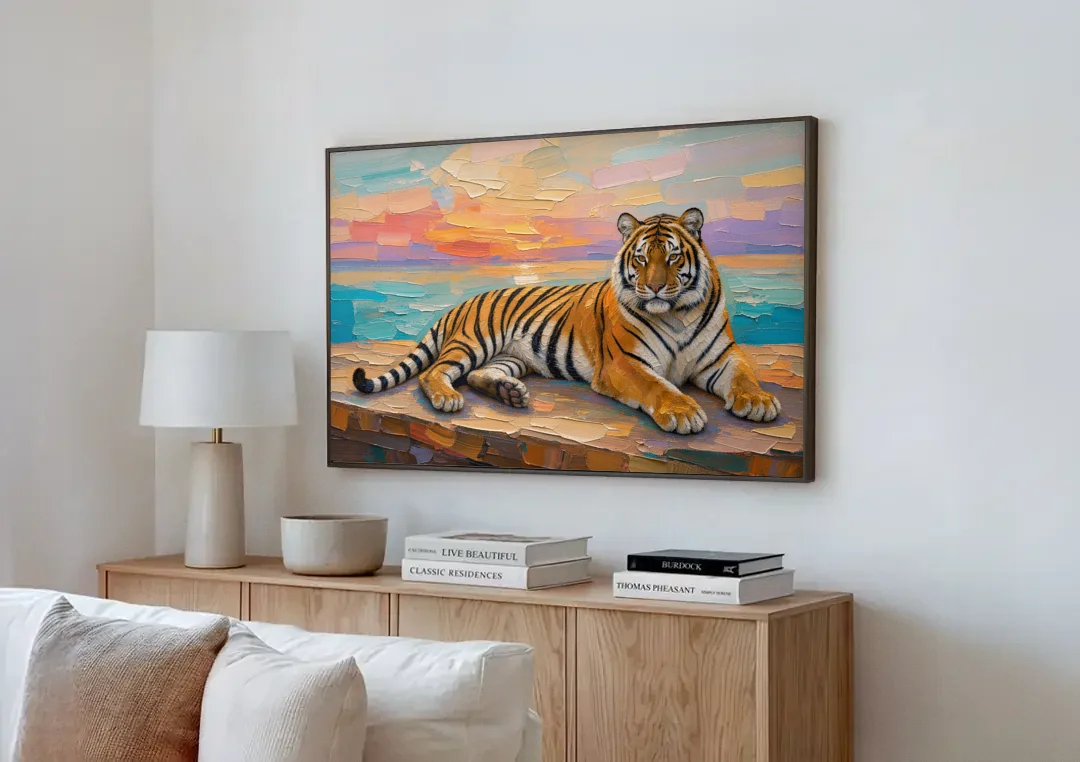 Tiger Art Print on the Sunset Ledge canvas wall art above a wooden sideboard next to a sofa