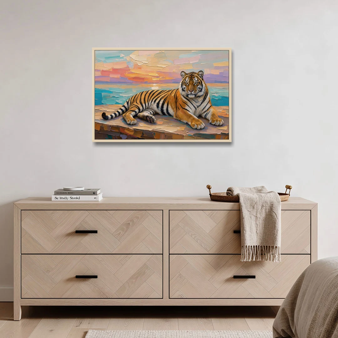 Tiger Art Print on the Sunset Ledge - Oak Framed Canvas Wall Art - Coffee Table - 36x24