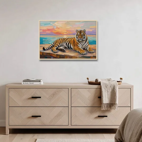 Tiger Art Print on the Sunset Ledge - Oak Framed Canvas Wall Art - Coffee Table - 36x24