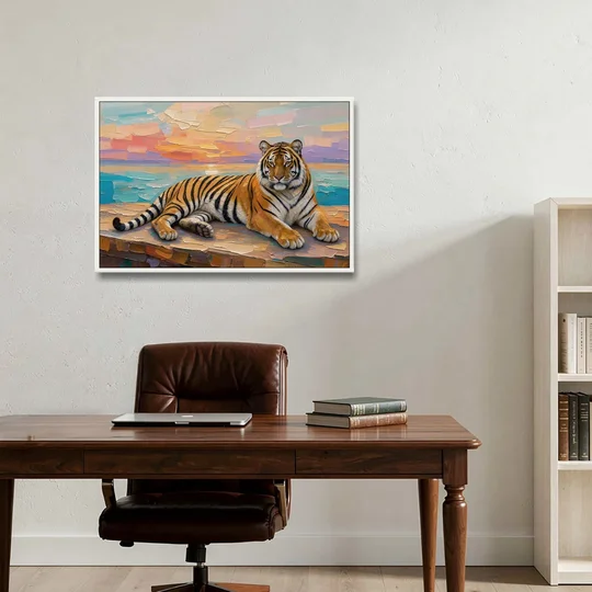 Tiger Art Print on the Sunset Ledge - White Framed Canvas Wall Art - Office - 36x24