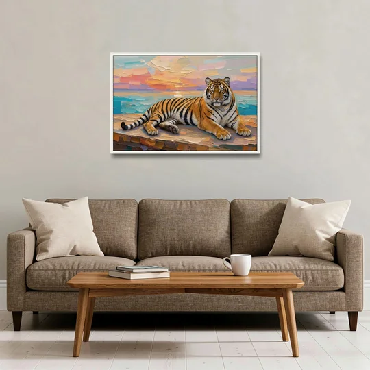 Tiger Art Print on the Sunset Ledge - White Framed Canvas Wall Art - Sofa - 36x24