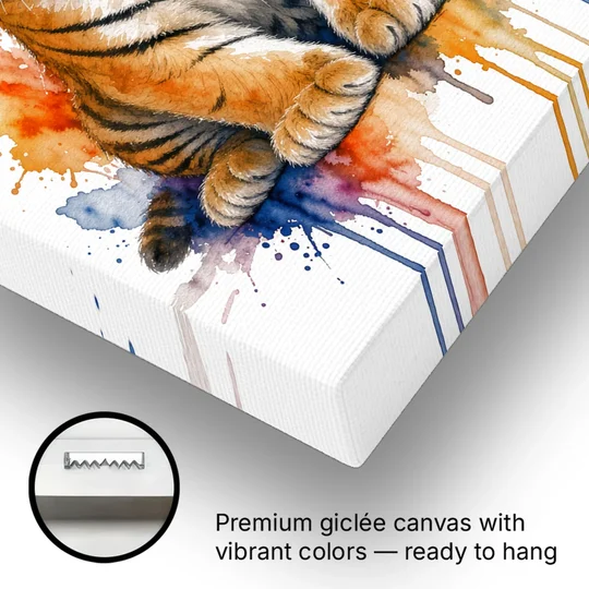 Tiger Cub in Orange and Cobalt Splashes - Canvas Wall Art - Gallery Wrap Corner