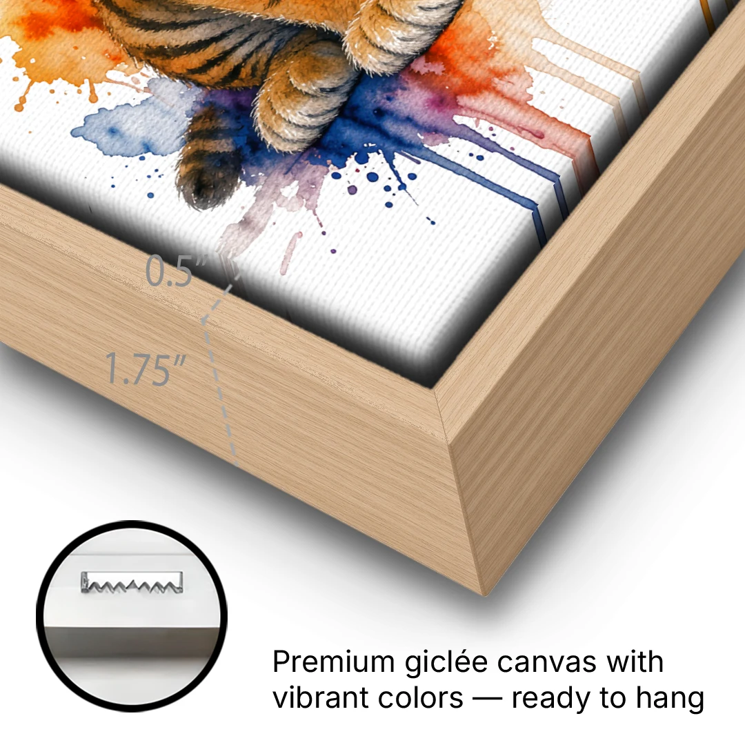 Tiger Cub in Orange and Cobalt Splashes - Oak Framed Canvas Wall Art - Gallery Wrap Corner