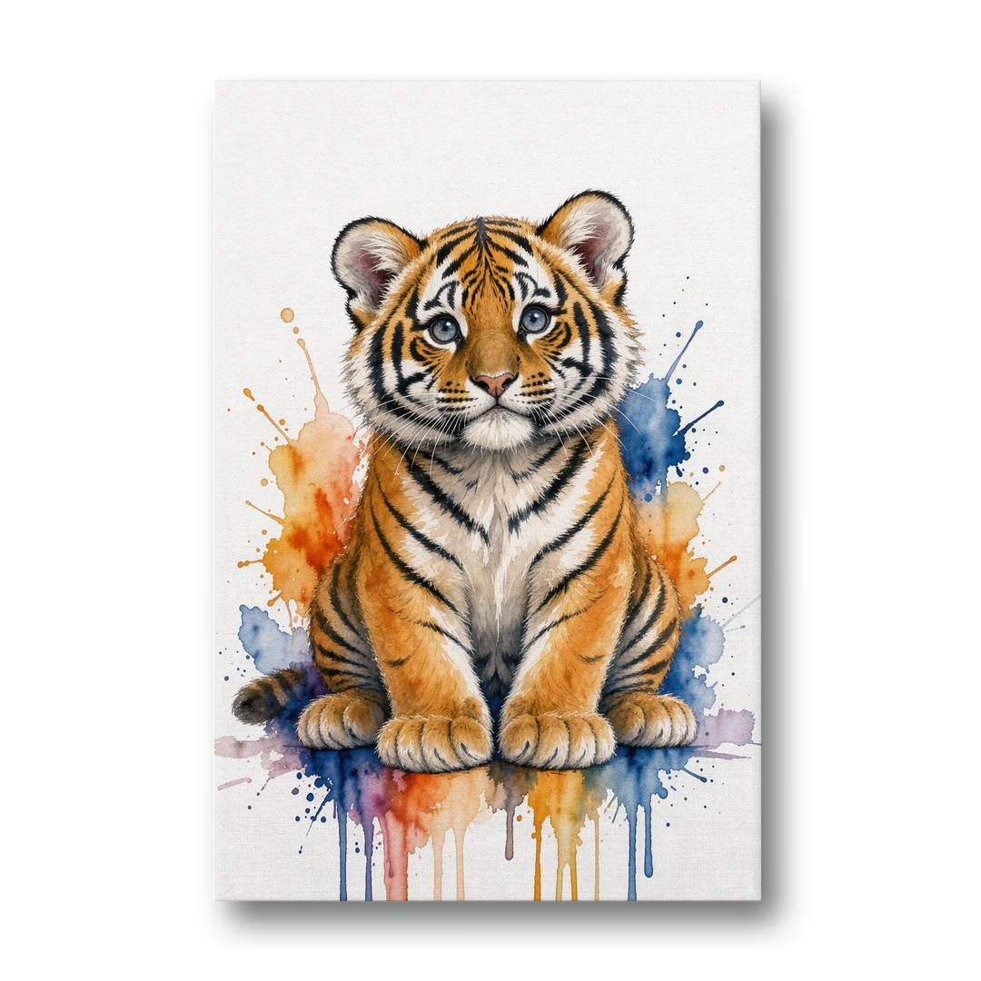 Tiger Cub in Orange and Cobalt Splashes - Canvas Wall Art - Front