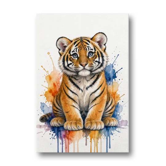 Tiger Cub in Orange and Cobalt Splashes - Canvas Wall Art - Front