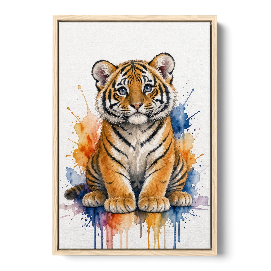 Tiger Cub in Orange and Cobalt Splashes - Oak Framed Canvas Wall Art - Front