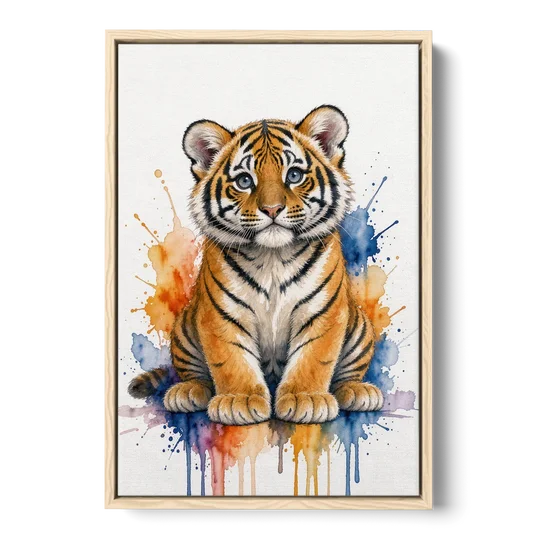 Tiger Cub in Orange and Cobalt Splashes - Oak Framed Canvas Wall Art - Front