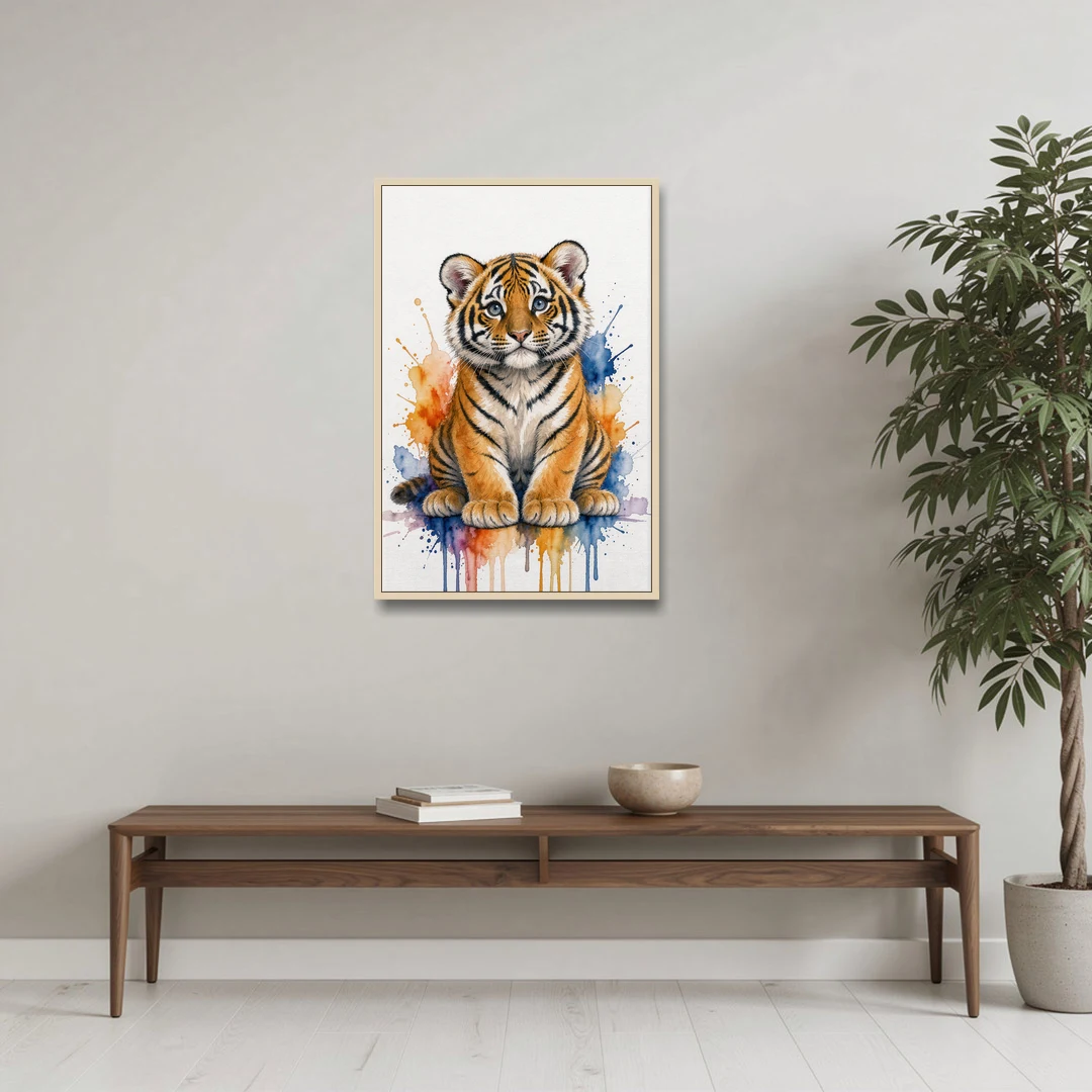 Tiger Cub in Orange and Cobalt Splashes - Oak Framed Canvas Wall Art - Coffee Table - 24x36