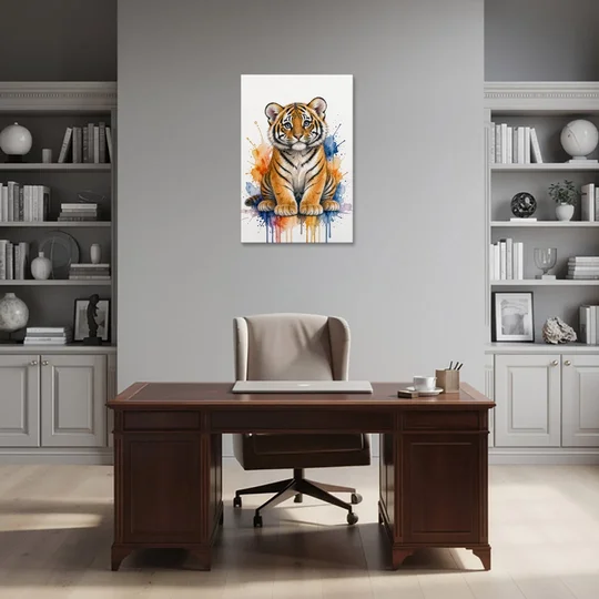 Tiger Cub in Orange and Cobalt Splashes - Canvas Wall Art - Office - 24x36