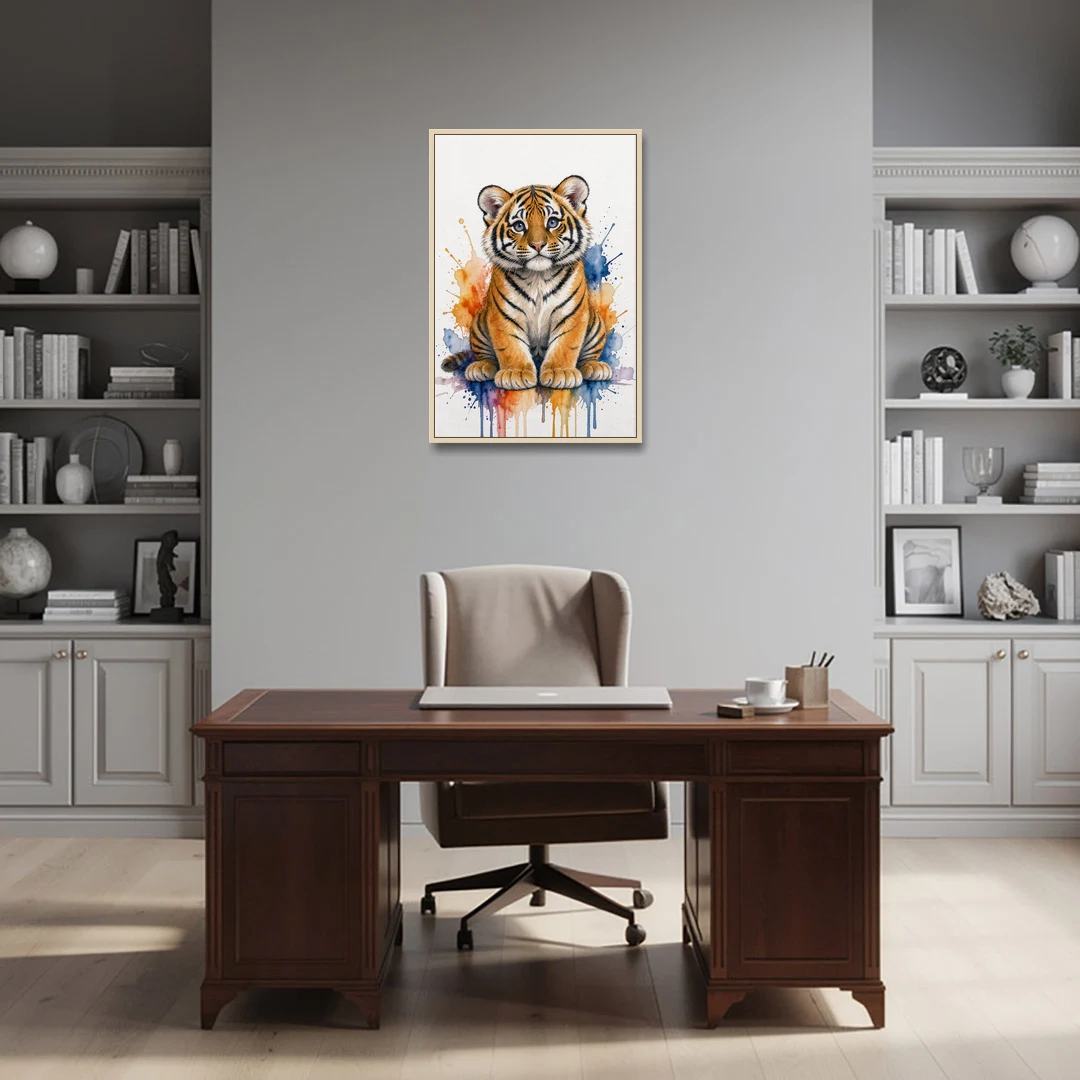 Tiger Cub in Orange and Cobalt Splashes - Oak Framed Canvas Wall Art - Office - 24x36