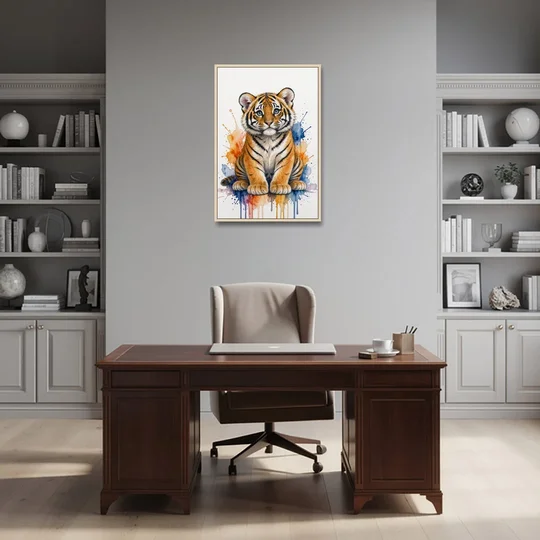 Tiger Cub in Orange and Cobalt Splashes - Oak Framed Canvas Wall Art - Office - 24x36
