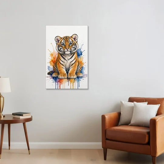 Tiger Cub in Orange and Cobalt Splashes - Canvas Wall Art - Sofa - 24x36