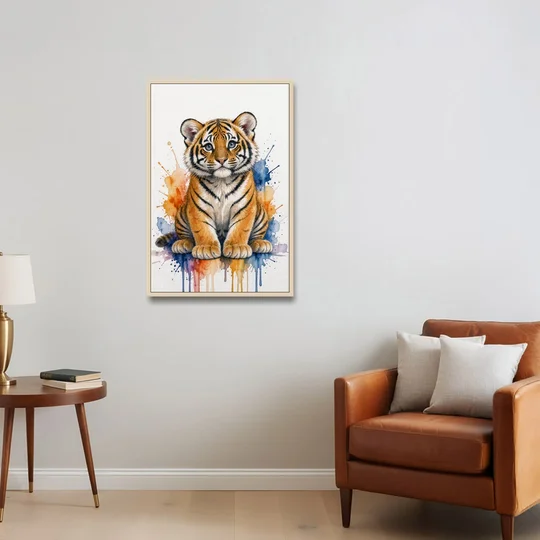Tiger Cub in Orange and Cobalt Splashes - Oak Framed Canvas Wall Art - Sofa - 24x36