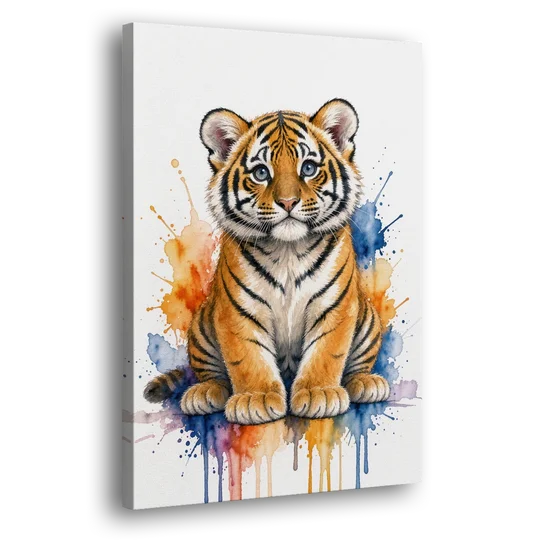 Tiger Cub in Orange and Cobalt Splashes - Canvas Wall Art - Side