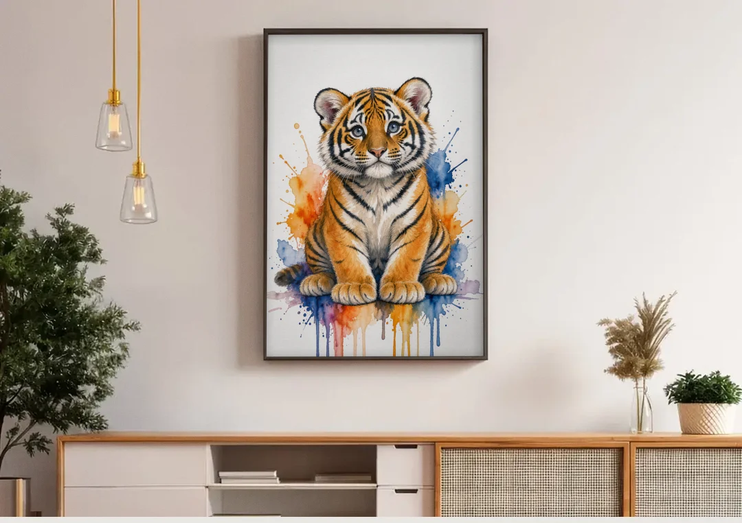 Tiger Cub in Orange and Cobalt Splashes canvas wall art above a wooden sideboard under pendant lights