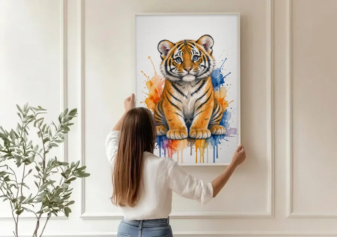 Tiger Cub in Orange and Cobalt Splashes canvas wall art being hung on a paneled wall