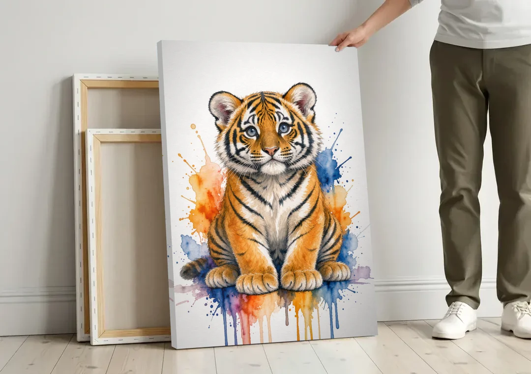 Tiger Cub in Orange and Cobalt Splashes canvas wall art leaning against a wall next to blank canvases