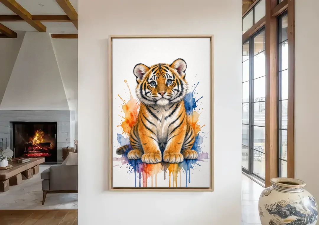 Tiger Cub in Orange and Cobalt Splashes canvas wall art in a living room with a fireplace