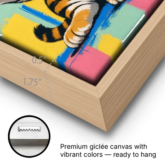 Tiger Cub with Raised Paw in Pop Color - Oak Framed Canvas Wall Art - Gallery Wrap Corner