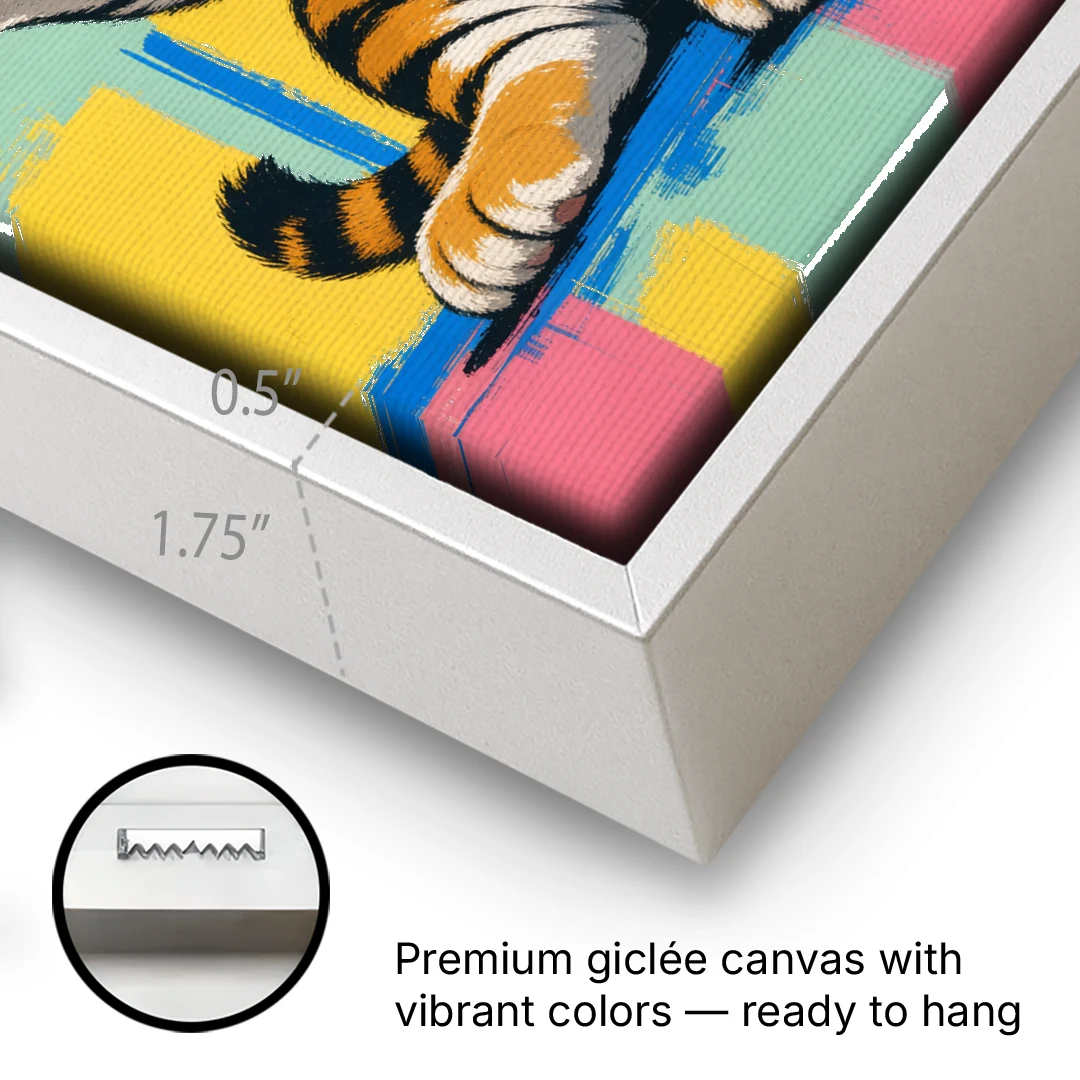 Tiger Cub with Raised Paw in Pop Color - White Framed Canvas Wall Art - Gallery Wrap Corner