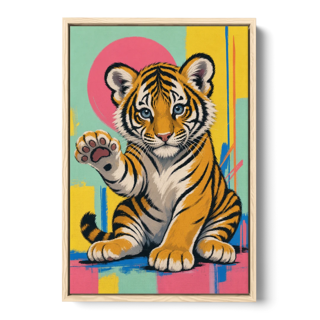 Tiger Cub with Raised Paw in Pop Color - Oak Framed Canvas Wall Art - Front