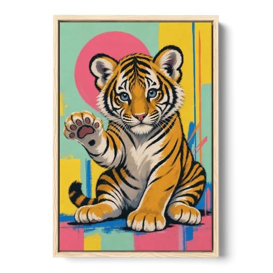 Tiger Cub with Raised Paw in Pop Color - Oak Framed Canvas Wall Art - Front