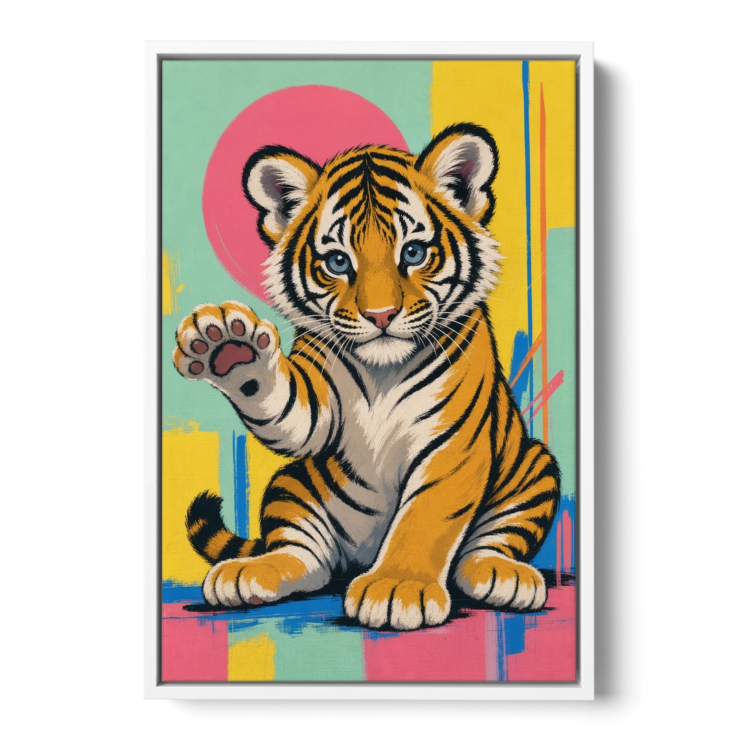 Tiger Cub with Raised Paw in Pop Color - White Framed Canvas Wall Art - Front
