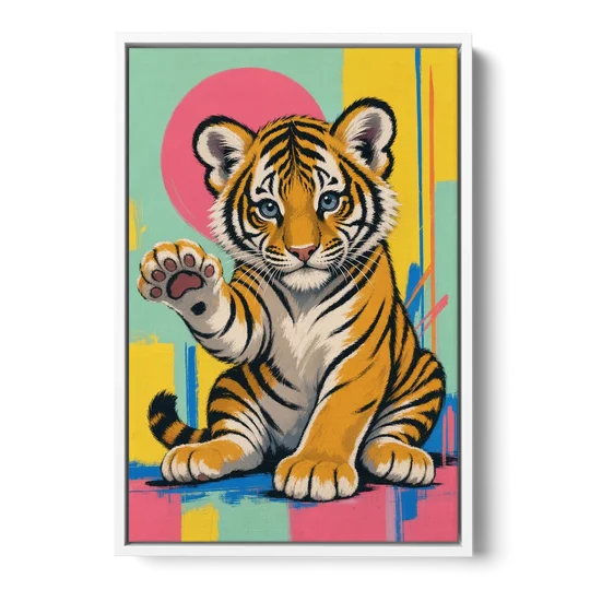 Tiger Cub with Raised Paw in Pop Color - White Framed Canvas Wall Art - Front