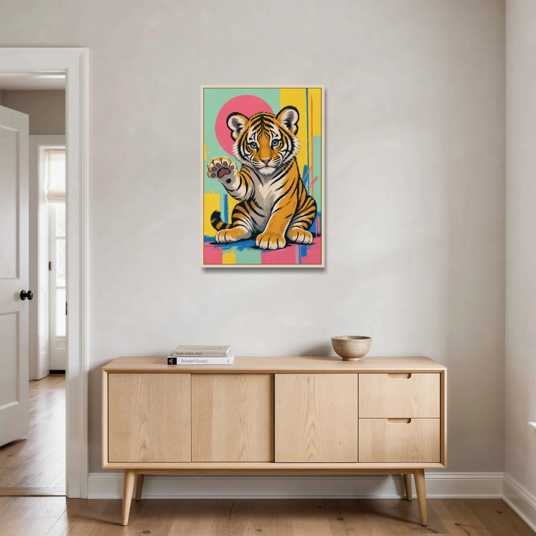 Tiger Cub with Raised Paw in Pop Color - Oak Framed Canvas Wall Art - Coffee Table - 24x36