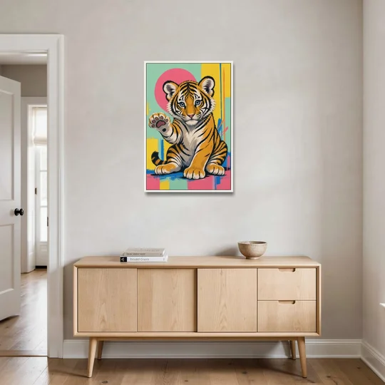 Tiger Cub with Raised Paw in Pop Color - White Framed Canvas Wall Art - Coffee Table - 24x36