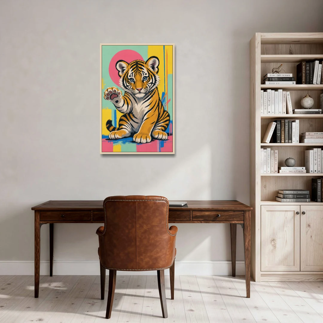 Tiger Cub with Raised Paw in Pop Color - Oak Framed Canvas Wall Art - Office - 24x36