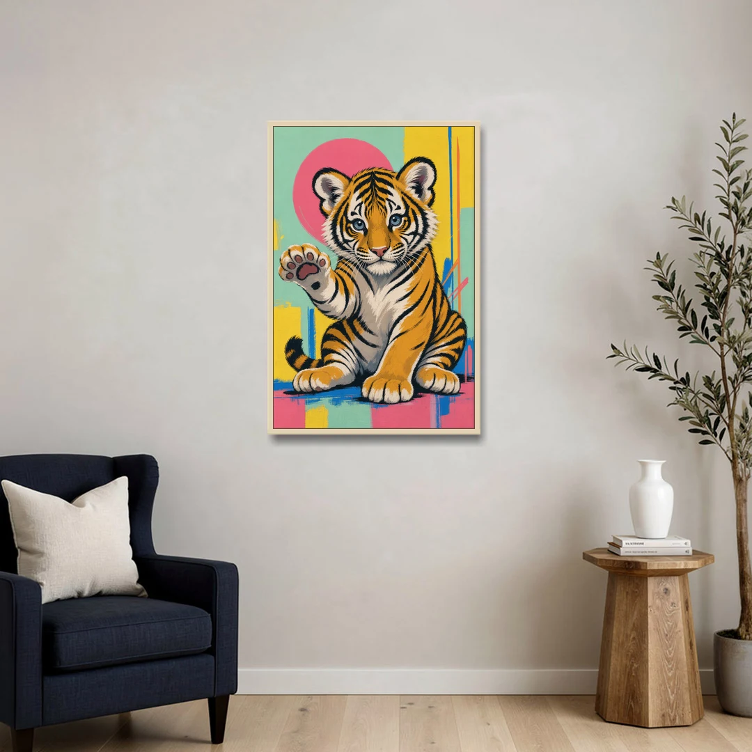 Tiger Cub with Raised Paw in Pop Color - Oak Framed Canvas Wall Art - Sofa - 24x36