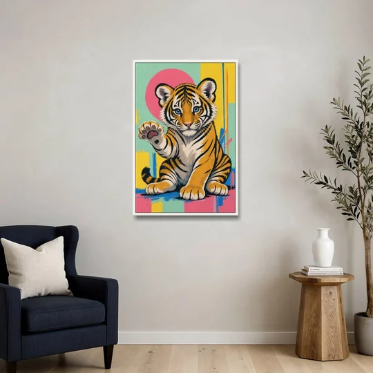 Tiger Cub with Raised Paw in Pop Color - White Framed Canvas Wall Art - Sofa - 24x36