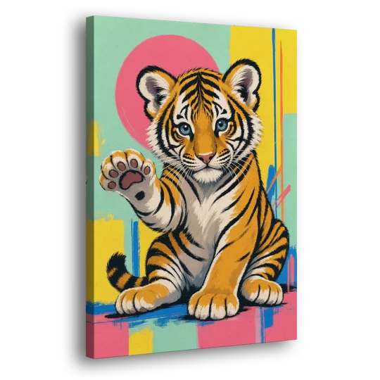 Tiger Cub with Raised Paw in Pop Color - Canvas Wall Art - Side
