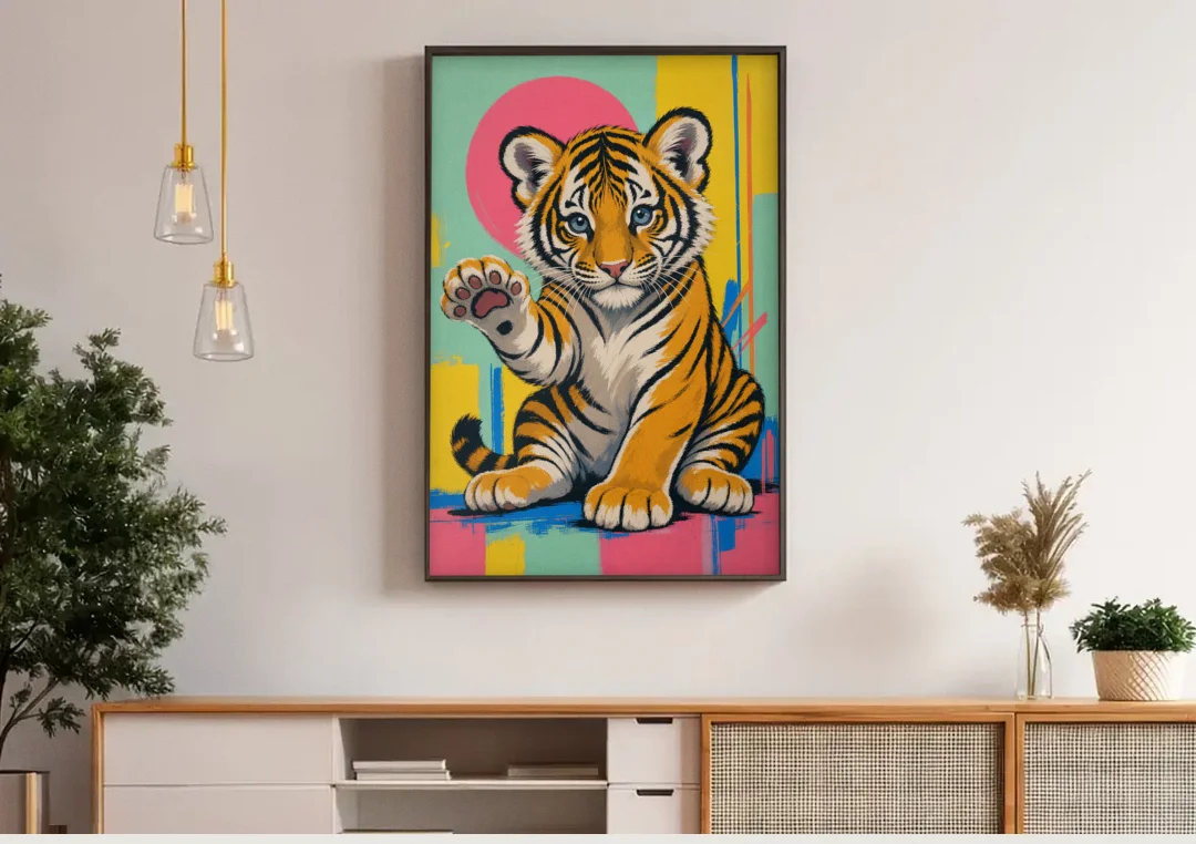 Tiger Cub with Raised Paw in Pop Color canvas wall art above a wooden sideboard under pendant lights