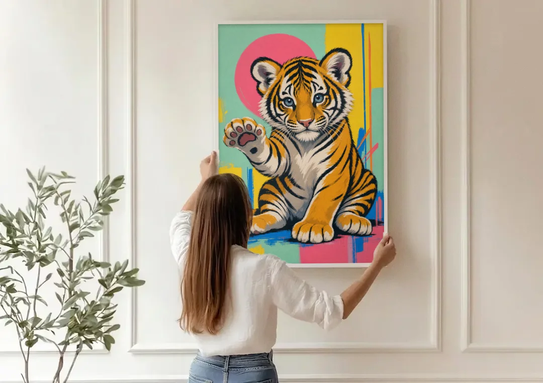 Tiger Cub with Raised Paw in Pop Color canvas wall art being hung on a paneled wall