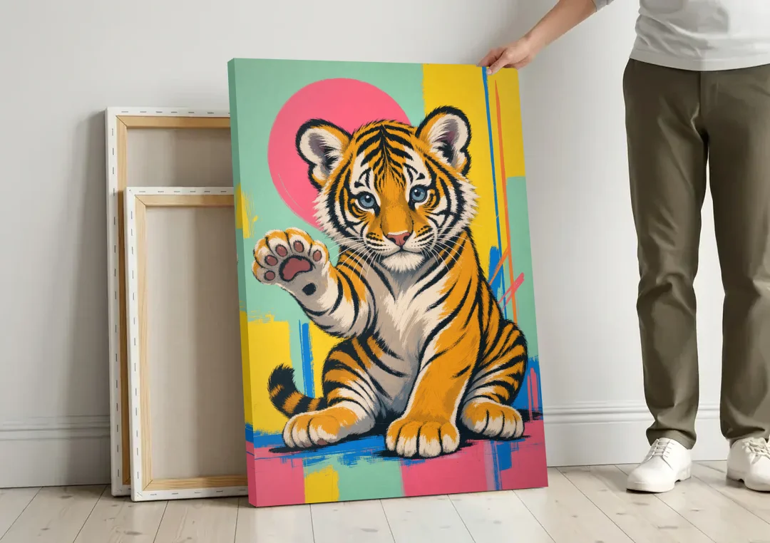 Tiger Cub with Raised Paw in Pop Color canvas wall art leaning against a wall next to blank canvases