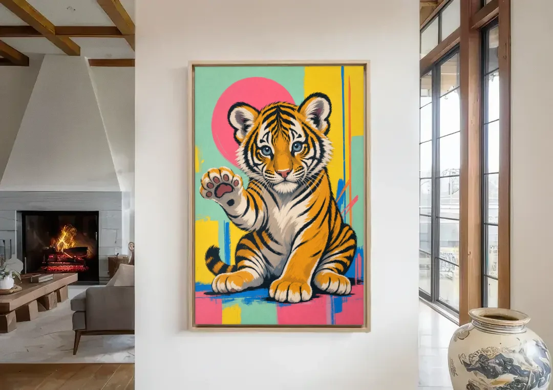 Tiger Cub with Raised Paw in Pop Color canvas wall art in a living room with a fireplace