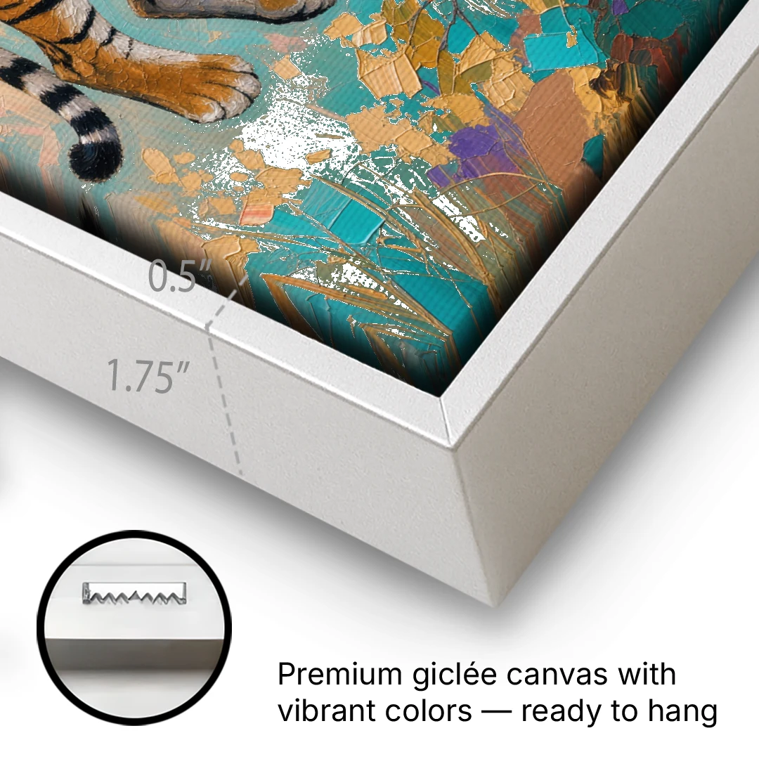 Tiger Draped on a Tree Branch - White Framed Canvas Wall Art - Gallery Wrap Corner