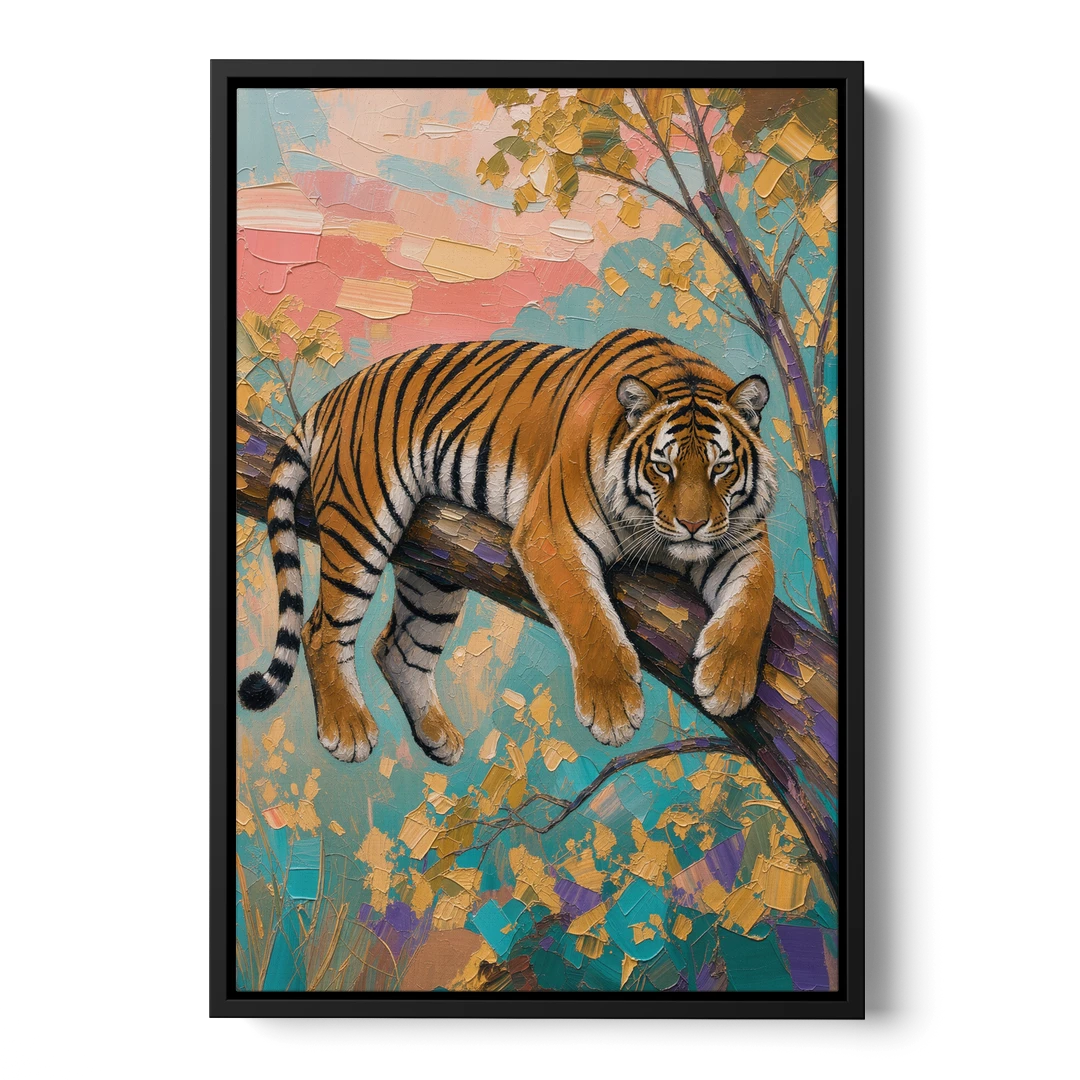 Tiger Draped on a Tree Branch - Black Framed Canvas Wall Art - Front