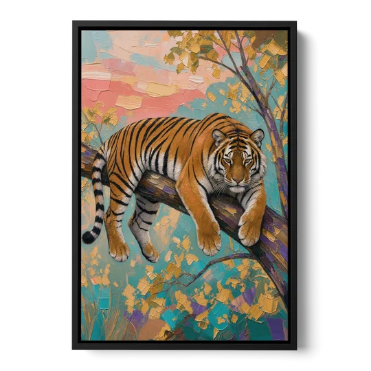 Tiger Draped on a Tree Branch - Black Framed Canvas Wall Art - Front