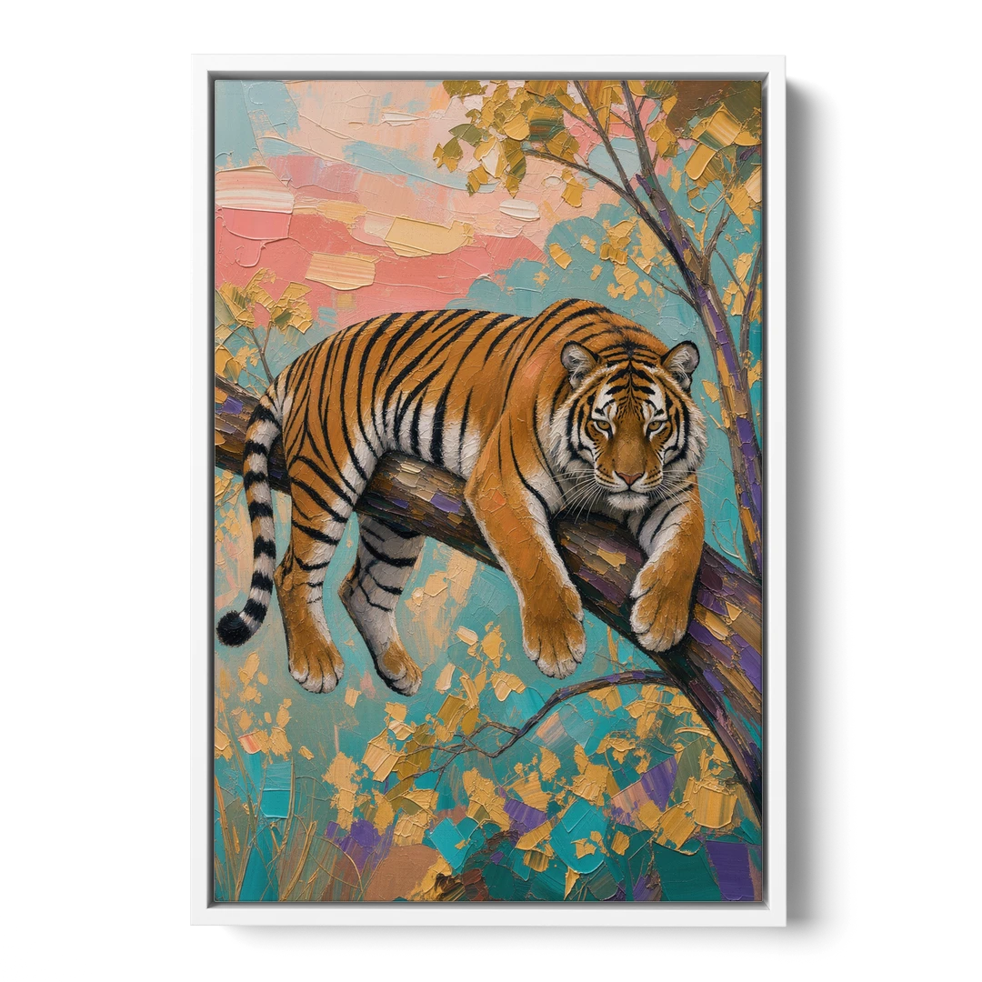 Tiger Draped on a Tree Branch - White Framed Canvas Wall Art - Front