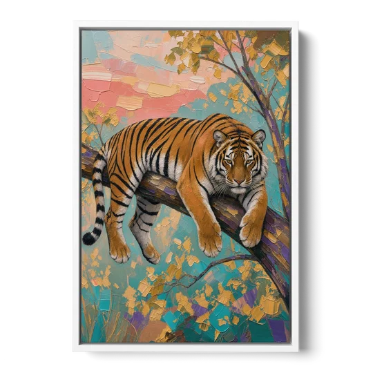 Tiger Draped on a Tree Branch - White Framed Canvas Wall Art - Front