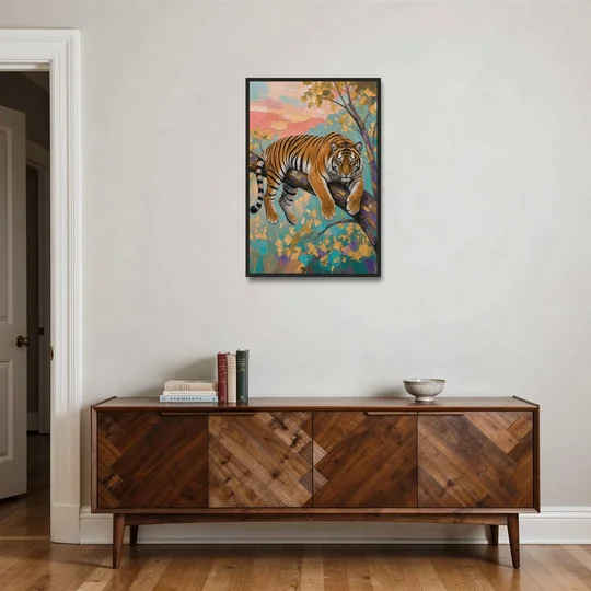 Tiger Draped on a Tree Branch - Black Framed Canvas Wall Art - Coffee Table - 24x36